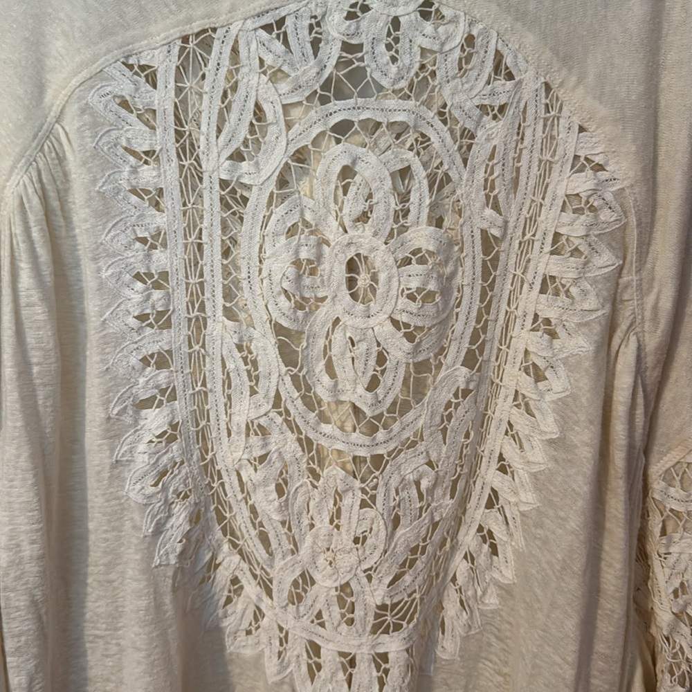 Free People Button Up Oversized Cream Color Shirt with Embroidered Front/Back - Picture 11 of 13